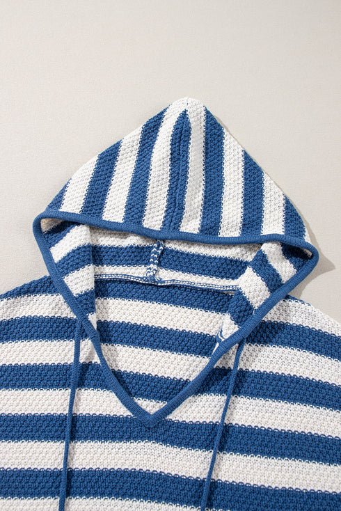 Striped Textured Knit V Neck Drawstring Hoodie