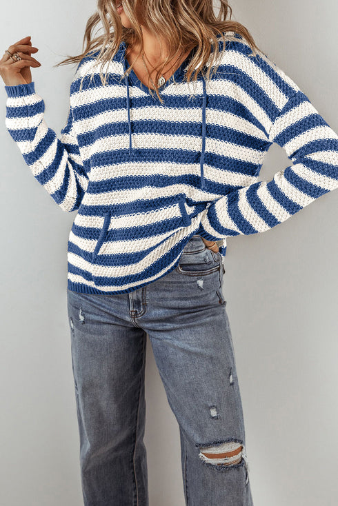Striped Textured Knit V Neck Drawstring Hoodie