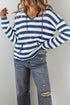 Striped Textured Knit V Neck Drawstring Hoodie