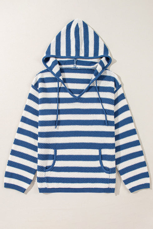 Striped Textured Knit V Neck Drawstring Hoodie