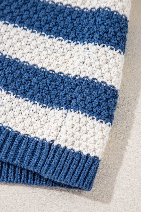 Striped Textured Knit V Neck Drawstring Hoodie