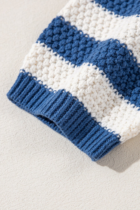 Striped Textured Knit V Neck Drawstring Hoodie