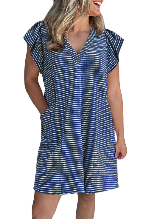 Striped Textured Knit V Neck Flutter Sleeve Mini Dress