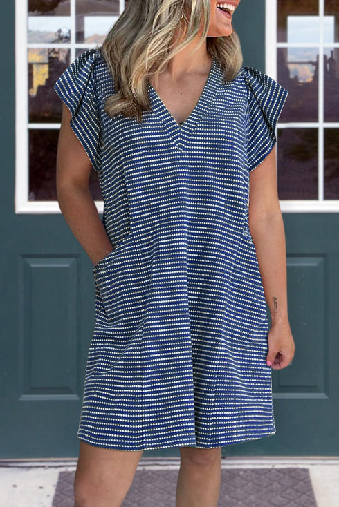 Striped Textured Knit V Neck Flutter Sleeve Mini Dress