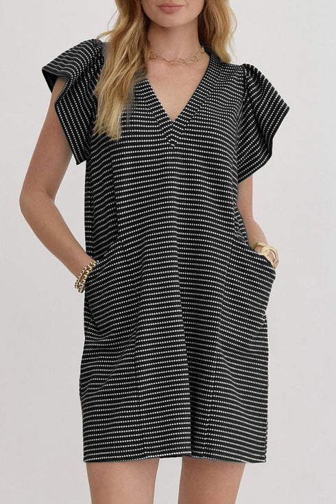 Striped Textured Knit V Neck Flutter Sleeve Mini Dress