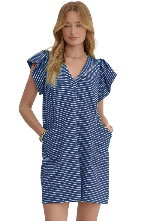 Striped Textured Knit V Neck Flutter Sleeve Mini Dress