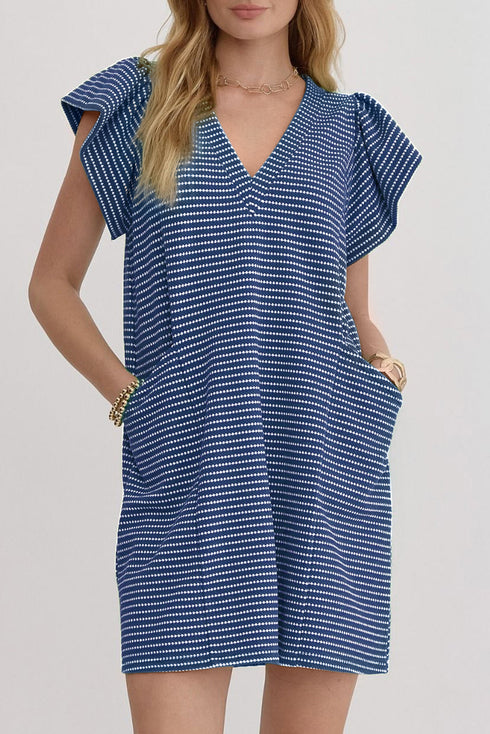 Striped Textured Knit V Neck Flutter Sleeve Mini Dress