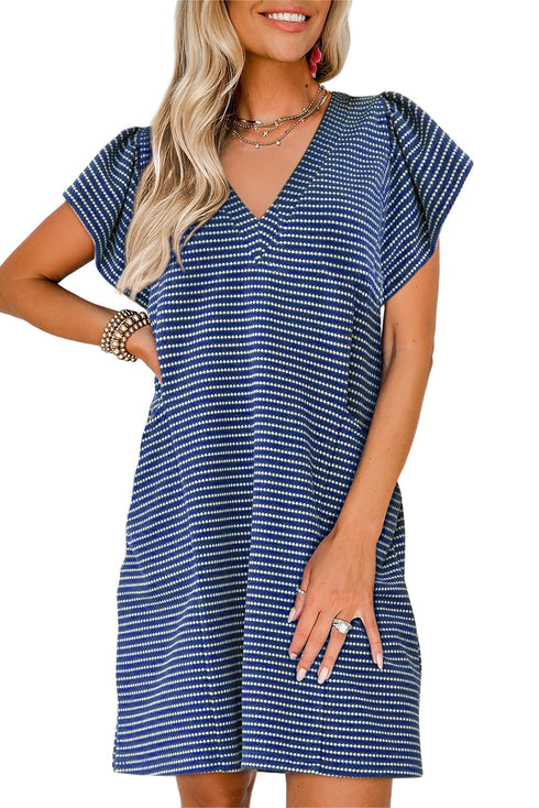 Striped Textured Knit V Neck Flutter Sleeve Mini Dress