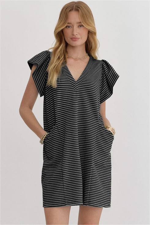 Striped Textured Knit V Neck Flutter Sleeve Mini Dress