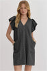 Striped Textured Knit V Neck Flutter Sleeve Mini Dress