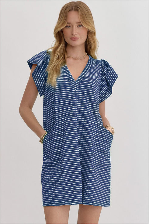 Striped Textured Knit V Neck Flutter Sleeve Mini Dress
