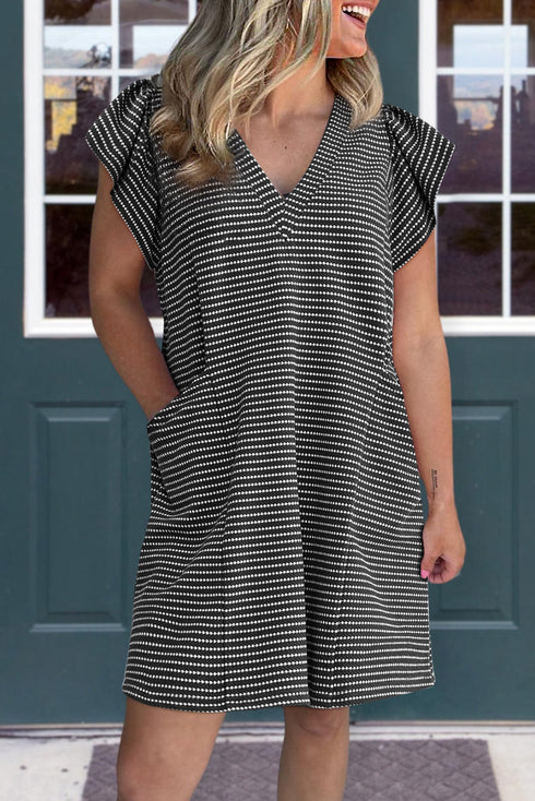 Striped Textured Knit V Neck Flutter Sleeve Mini Dress