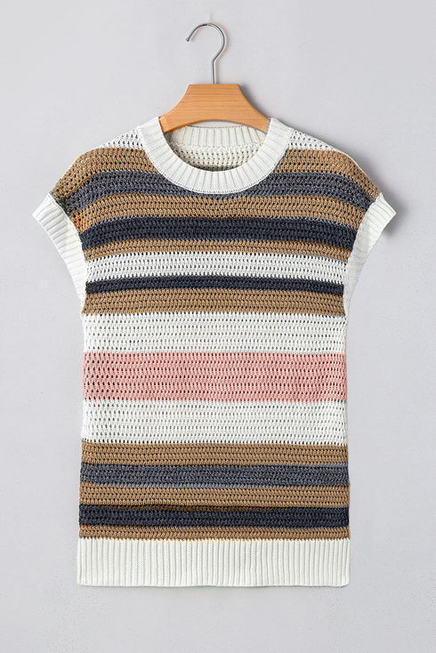 Striped Textured Open Knit Cap Sleeve Top