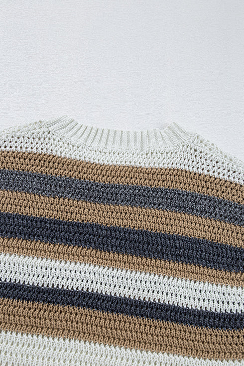 Striped Textured Open Knit Cap Sleeve Top