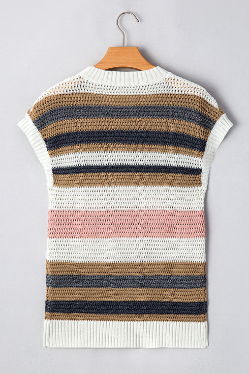 Striped Textured Open Knit Cap Sleeve Top