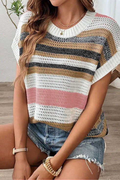 Striped Textured Open Knit Cap Sleeve Top