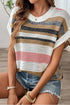 Striped Textured Open Knit Cap Sleeve Top