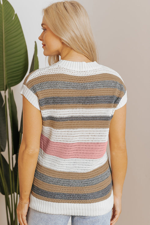 Striped Textured Open Knit Cap Sleeve Top