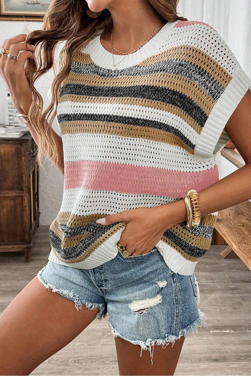 Striped Textured Open Knit Cap Sleeve Top