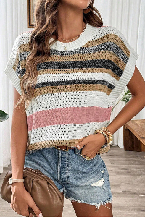 Striped Textured Open Knit Cap Sleeve Top