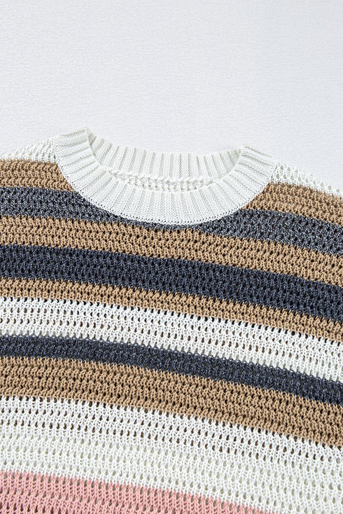 Striped Textured Open Knit Cap Sleeve Top
