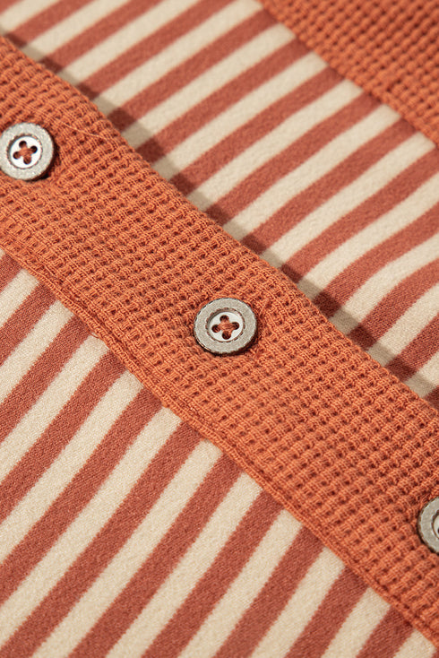 Striped Textured Patched Drop Shoulder Buttoned Sweatshirt