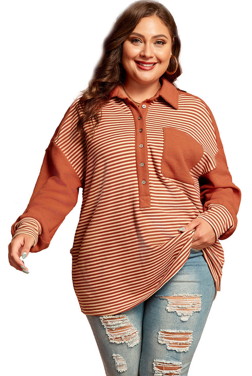 Striped Textured Patched Drop Shoulder Buttoned Sweatshirt