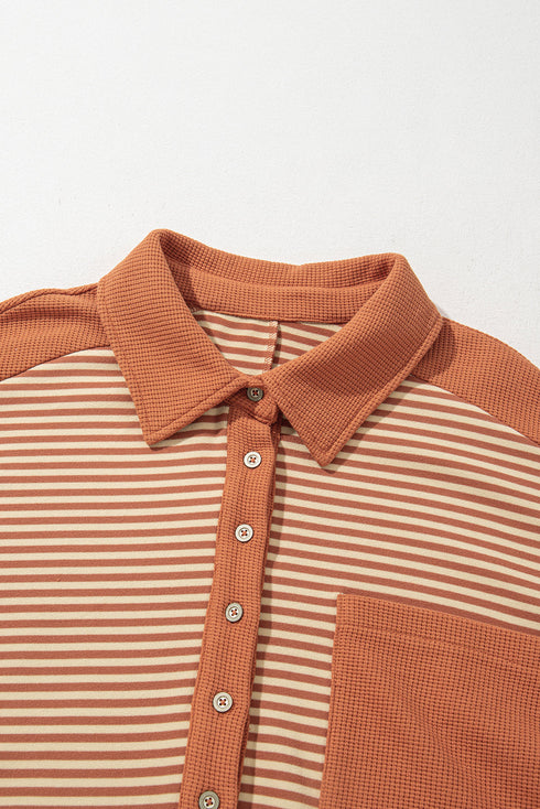 Striped Textured Patched Drop Shoulder Buttoned Sweatshirt