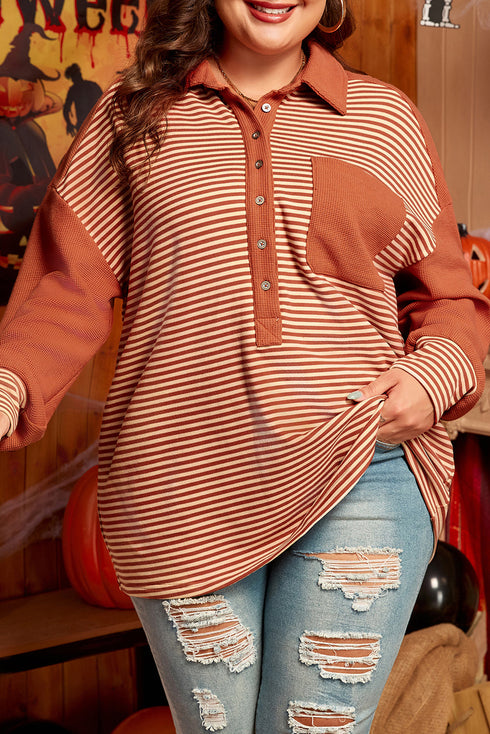 Striped Textured Patched Drop Shoulder Buttoned Sweatshirt