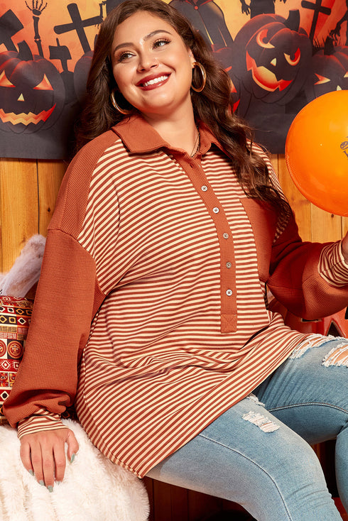 Striped Textured Patched Drop Shoulder Buttoned Sweatshirt