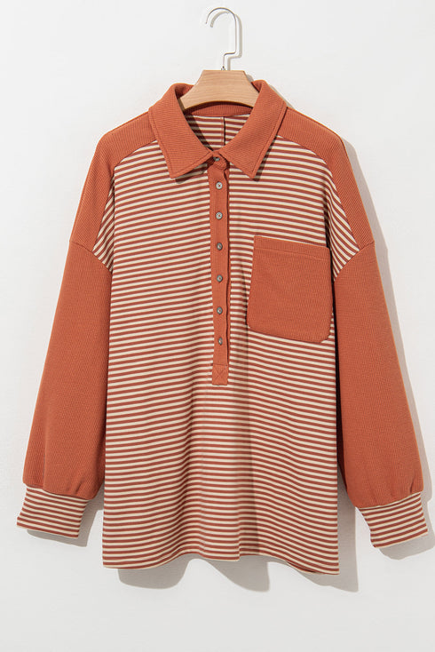 Striped Textured Patched Drop Shoulder Buttoned Sweatshirt