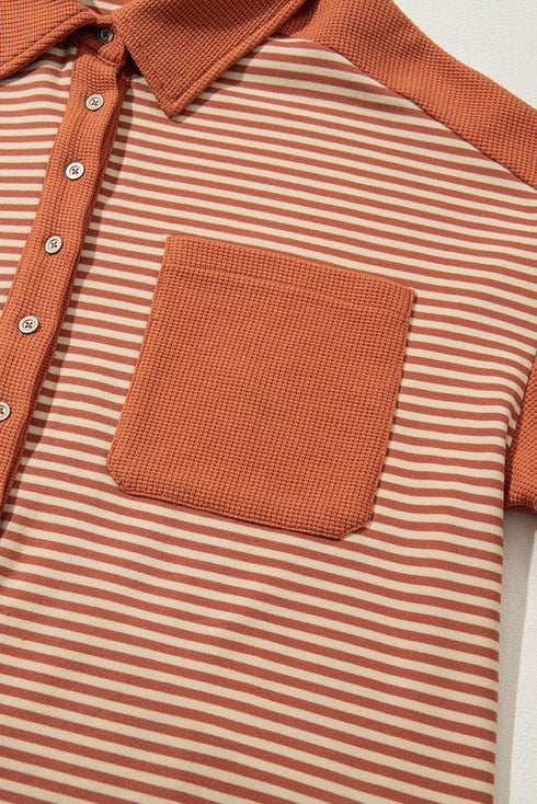 Striped Textured Patched Drop Shoulder Buttoned Sweatshirt