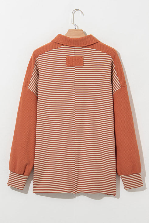 Striped Textured Patched Drop Shoulder Buttoned Sweatshirt
