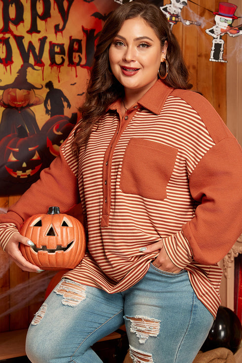 Striped Textured Patched Drop Shoulder Buttoned Sweatshirt