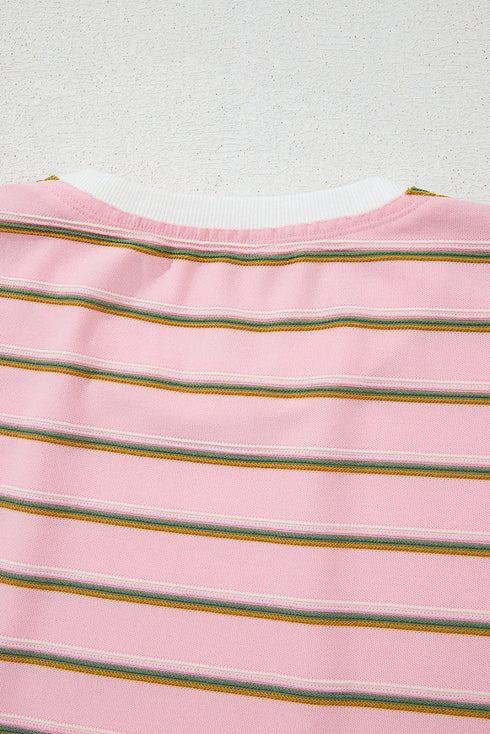Striped Textured Patchwork Fringe Trim Wide Sleeve Short Set