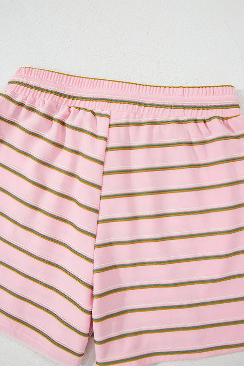 Striped Textured Patchwork Fringe Trim Wide Sleeve Short Set