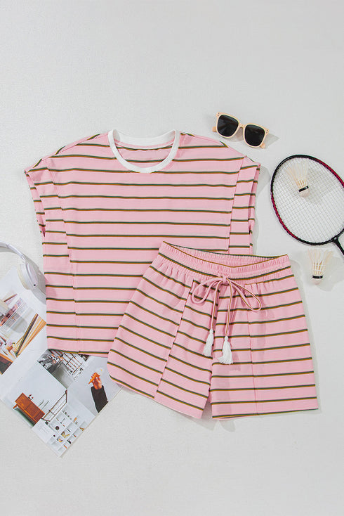 Striped Textured Patchwork Fringe Trim Wide Sleeve Short Set