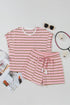 Striped Textured Patchwork Fringe Trim Wide Sleeve Short Set