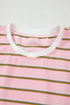 Striped Textured Patchwork Fringe Trim Wide Sleeve Short Set