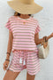 Striped Textured Patchwork Fringe Trim Wide Sleeve Short Set