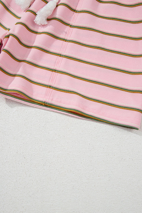 Striped Textured Patchwork Fringe Trim Wide Sleeve Short Set