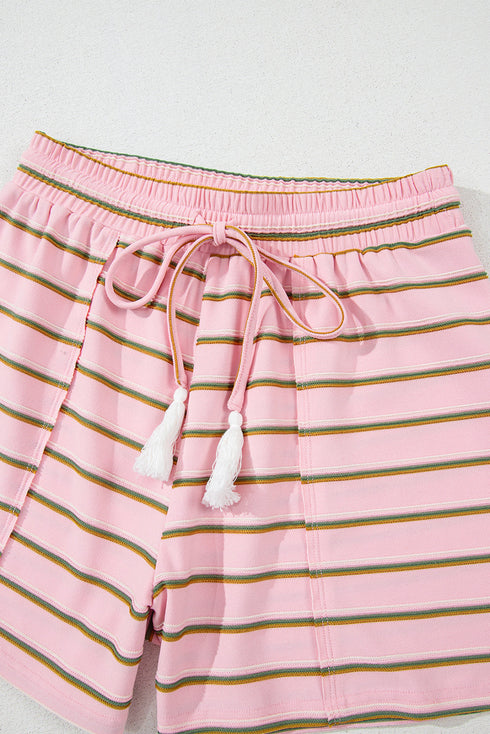 Striped Textured Patchwork Fringe Trim Wide Sleeve Short Set