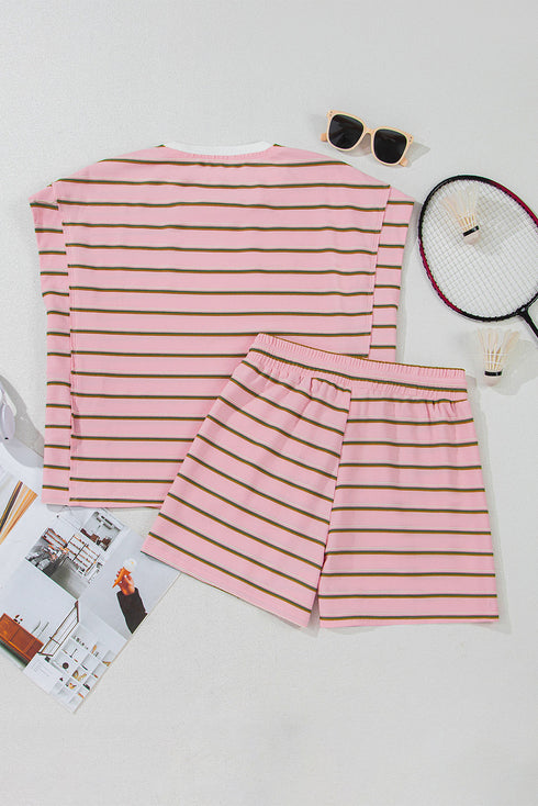 Striped Textured Patchwork Fringe Trim Wide Sleeve Short Set