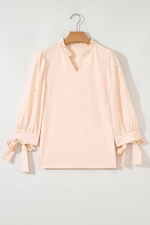 Striped Textured Pearl Embellished Bow Cuff Puff Sleeve Blouse