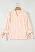 Striped Textured Pearl Embellished Bow Cuff Puff Sleeve Blouse