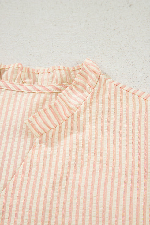 Striped Textured Pearl Embellished Bow Cuff Puff Sleeve Blouse