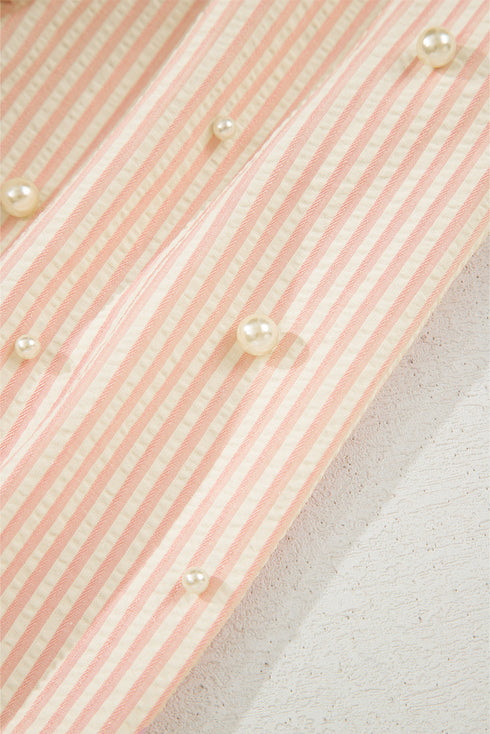 Striped Textured Pearl Embellished Bow Cuff Puff Sleeve Blouse