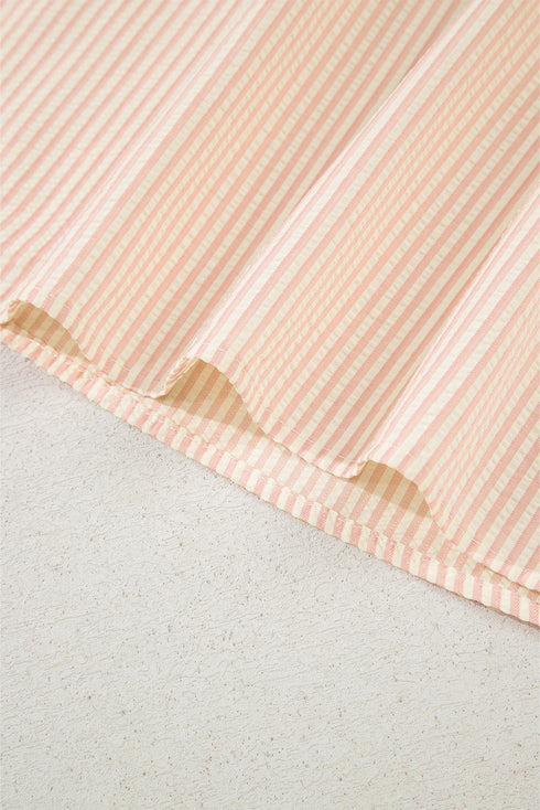 Striped Textured Pearl Embellished Bow Cuff Puff Sleeve Blouse