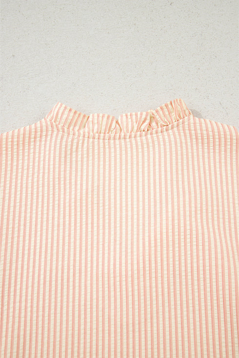 Striped Textured Pearl Embellished Bow Cuff Puff Sleeve Blouse
