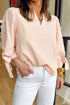 Striped Textured Pearl Embellished Bow Cuff Puff Sleeve Blouse